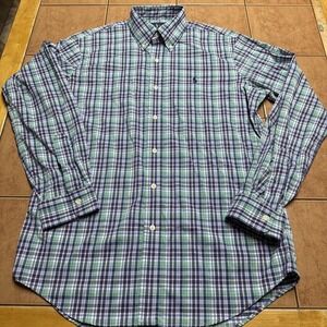 Ralph Lauren Sz M Button Front Shirt Performance‎ Nylon Stretch Blue Green Plaid